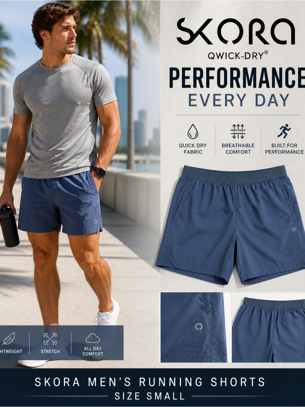 SKORA QWICK-DRY Men’s Athletic Running Shorts Size Small Blue Gray